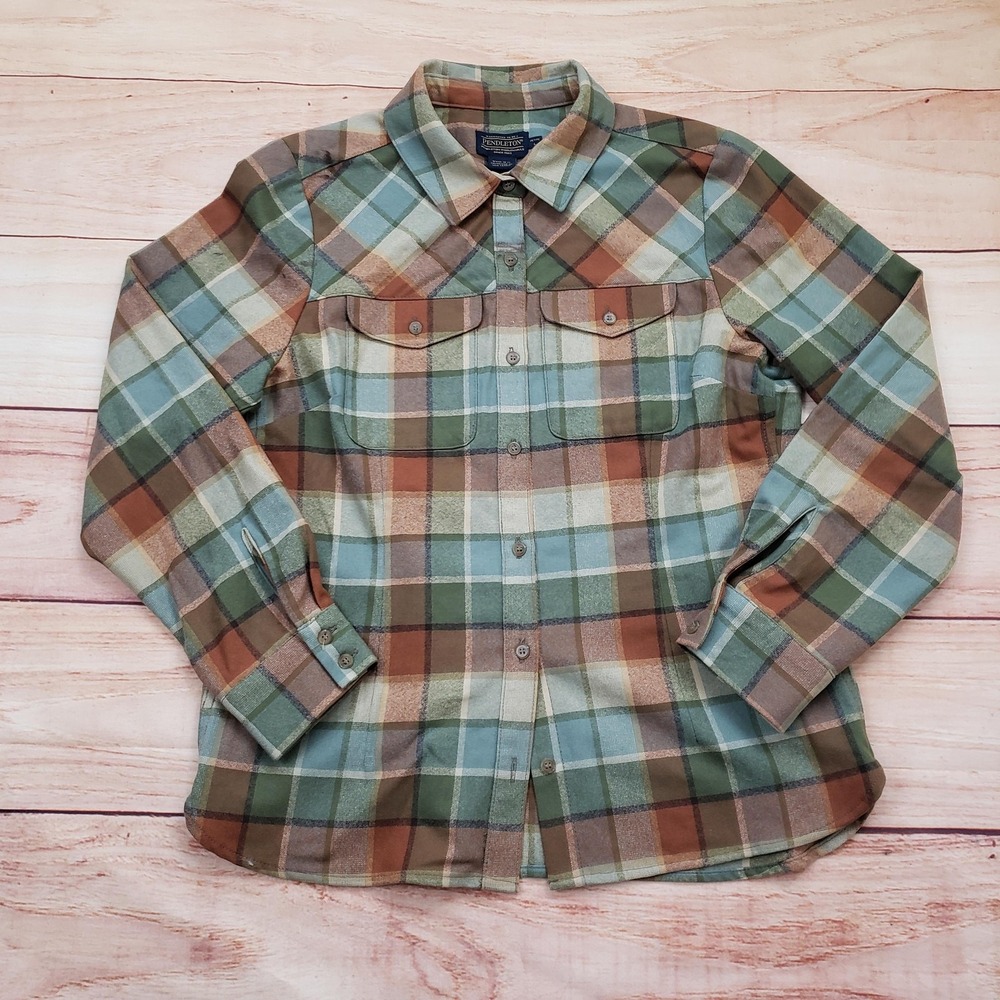 Pendleton Shirt Womens Petite Large Green Brown Plaid Wool Button Up Long Sleeve - Picture 1 of 14
